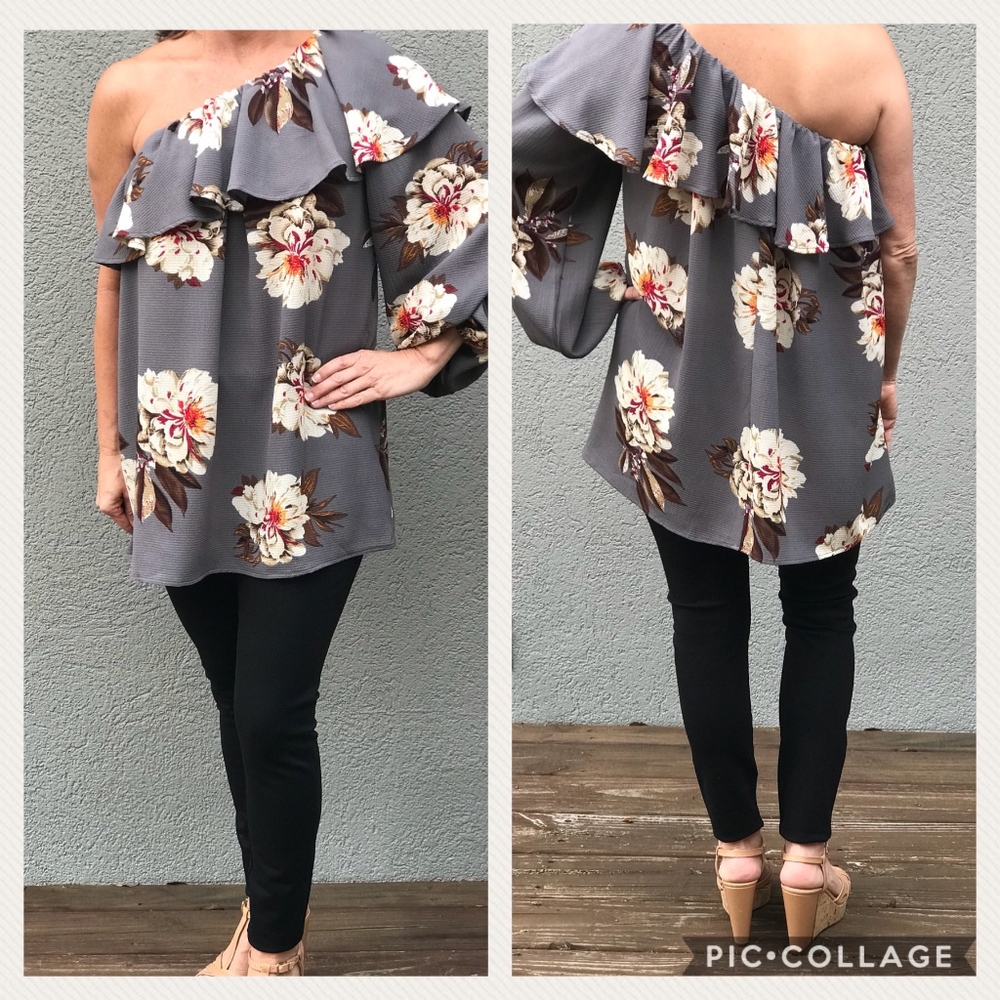 Floral One Shoulder Top, Grey